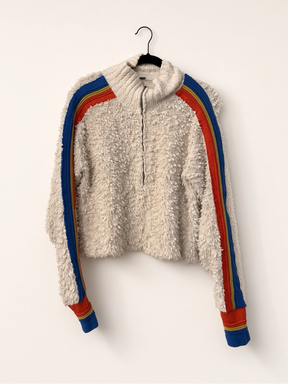 Free People Cream Sherpa Half-Zip Sweater w/Rainbow Stripe Sleeves Retro 80s Med